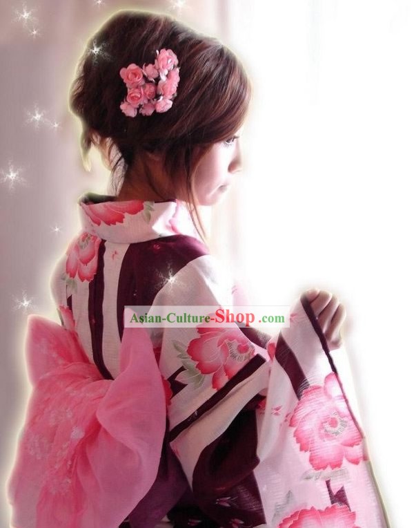 Tradicional florido Handbag Kimono japonês e Geta Conjunto completo