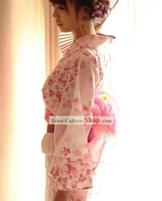 Tradicional rosa florido Handbag Kimono japonês e Geta Conjunto completo