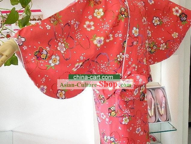 Sac à main rouge traditionnel oriental cerise kimono japonais et Geta complet Set