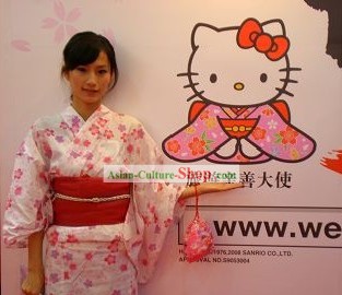 Tradicionais Rosa Handbag Kimono Oriental cereja japonesa e Geta Conjunto completo