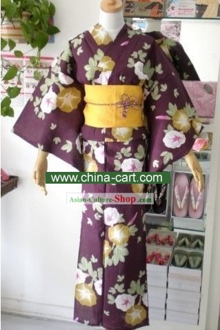 Tradicionais Roxo Morning Glory Handbag Kimono japonês e Geta Conjunto completo