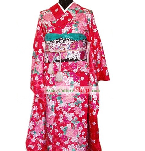 Sorte tradicional Red Peony Handbag Kimono japonês e Geta Conjunto completo
