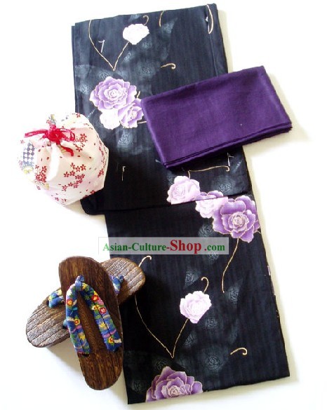 Tradicional japonês China Rose Handbag Kimono e Geta Conjunto completo