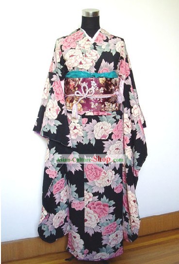 Kimono tradicional japonesa Peony Handbag e Geta Conjunto completo