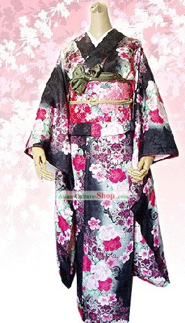 Fleuri suprême japonaise Soie Tenue Kimono Sac et Geta Full Set