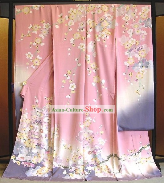 Sac à main rose traditionnelle japonaise kimono fleuri et Geta complet Set