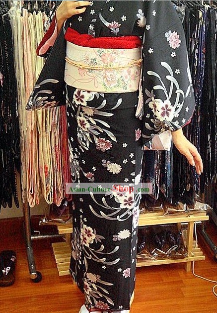 Traditionnel kimono japonais fleuri noir et ceinture Full Set