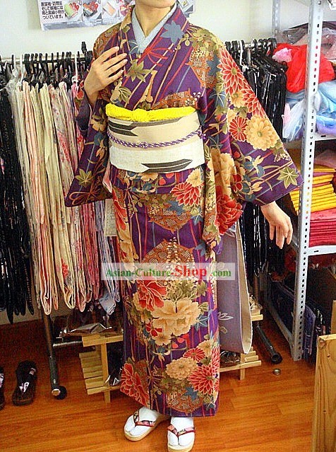 Tradicional japonesa Hundred Handbag Kimono Flores e Geta Conjunto completo