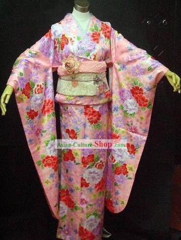 日本の伝統的なピンクフラワリー着物ベルトフルセット