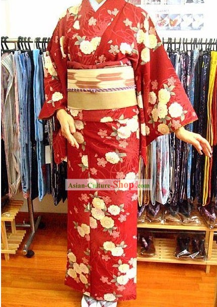 Kimono tradicional japonesa Sorte Floral Red Blue Belt e Conjunto completo
