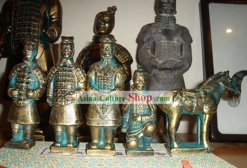 4 Pouces chinoise Terra Cotta Warriors 5 pièces en laiton Statues Set