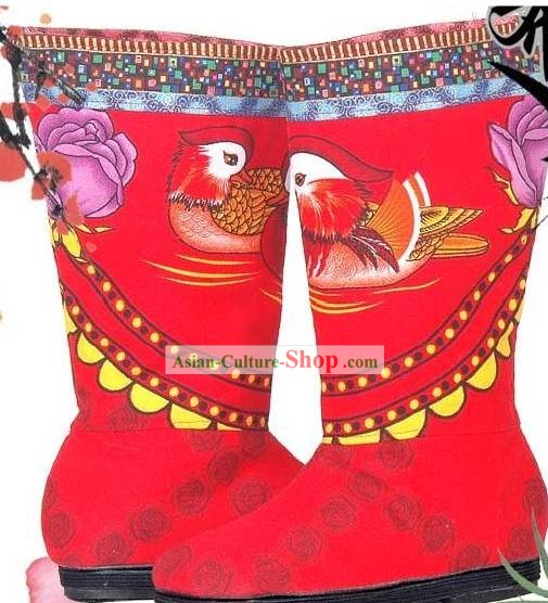 中国の伝統ハンド刺繍オシドリ布ブーツ