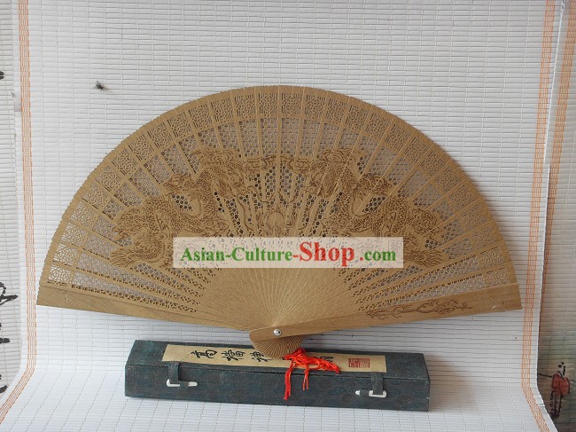 Suprema abanico chino tradicional madera de sándalo - Dragones Ejecución De Bola