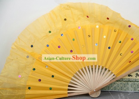 Bambou chinois poignée pure soie fans Danse jaune avec des paillettes