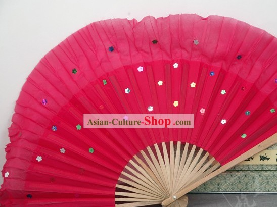 Bambou chinois poignée pure soie fans de danse rouge avec des paillettes