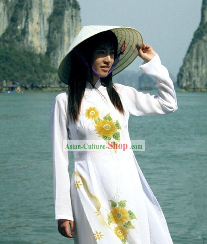 ベトナムの伝統ロングチャイナドレスやバンブーハットセット