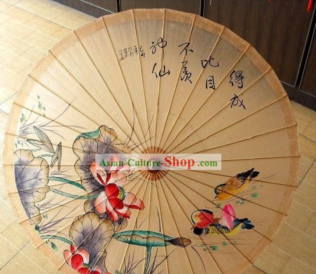 Chinois peints Mandarin Duck et Parapluies Peinture pivoine