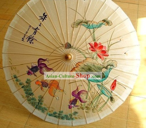 Китайский Ручная роспись Золотая рыбка и Лотос Umbrella