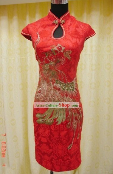 Traditoinal Лаки Красный Феникс свадебное платье Короткое Qipao
