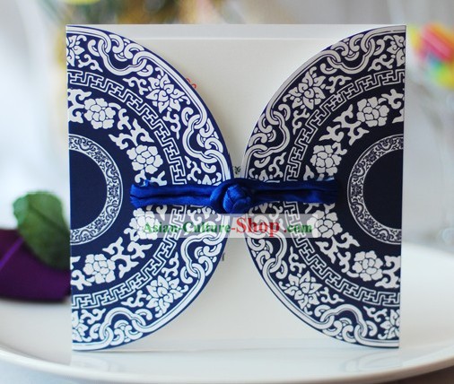 Fabriqué à la main suprême Bleu et Blanc Porcelaine chinoise cartes d'invitation de mariage 20 Set Pieces
