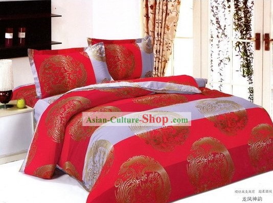 Chinese Red amd White Traditional Wedding Dragon Phoenix Bedding Set