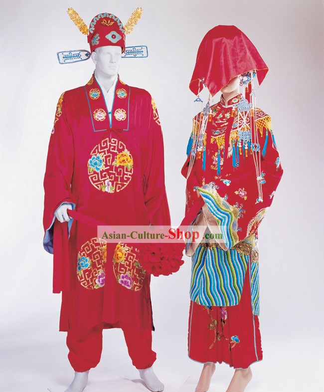 Chapéus chinês antigo traje de casamento e dois conjuntos de