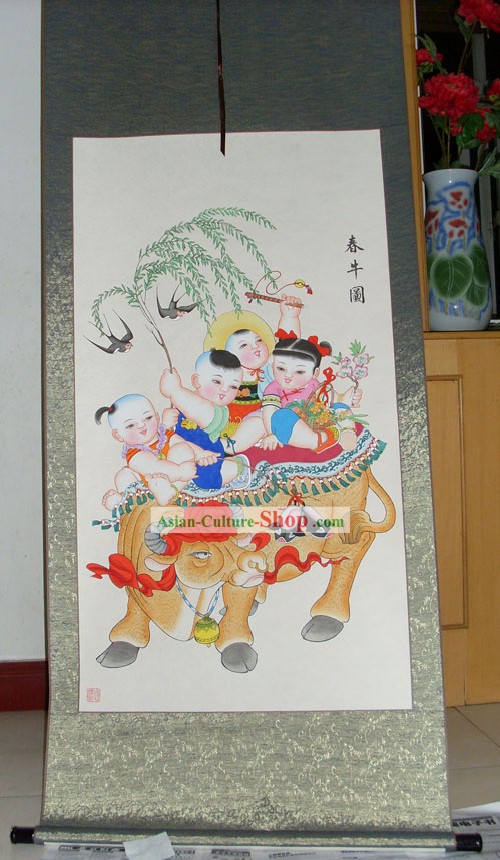 Traditionnelle Chinoise Peinture/Peinture Yangliuqing Folk - Vache et des enfants