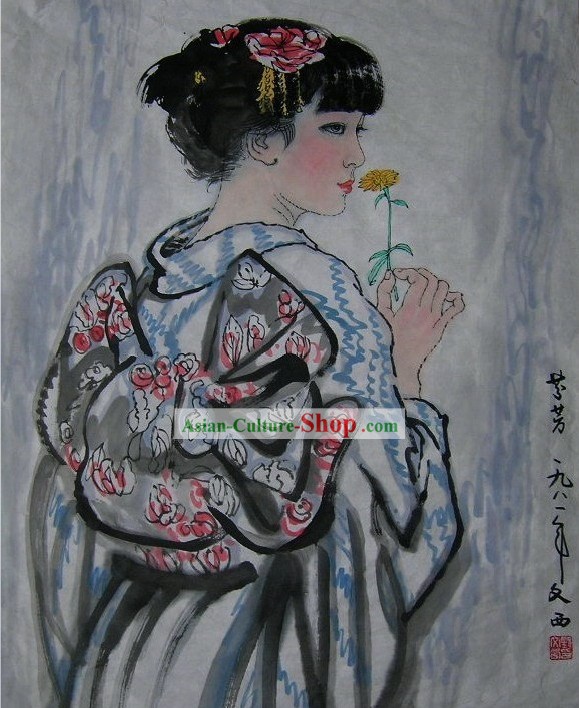 Traditionelle japanische Malerei Geisha von Liu Wenxi/Geisha Kunst Gemälde