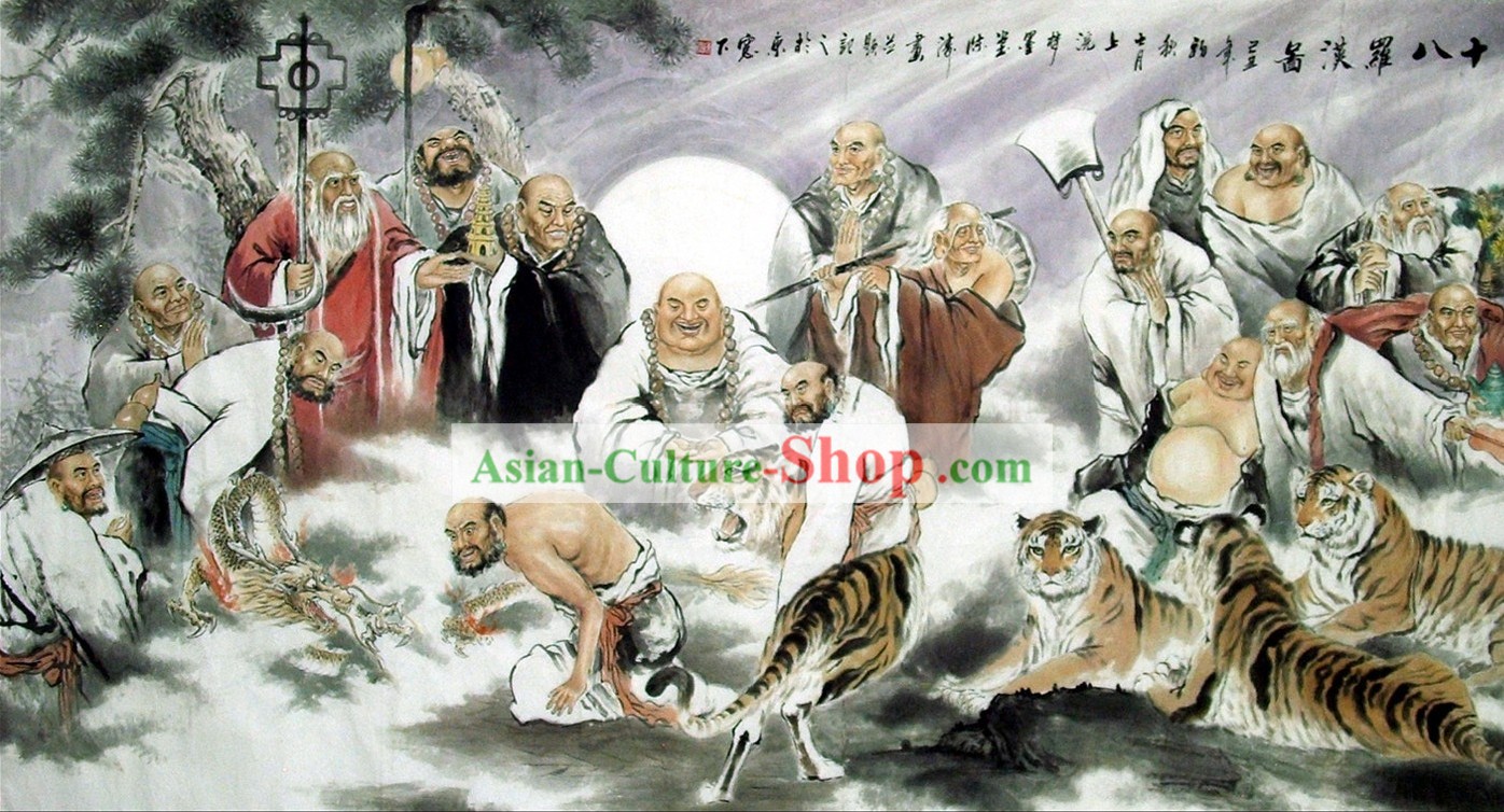 Tradizionale cinese pittura - buddista Arhat e Tigers
