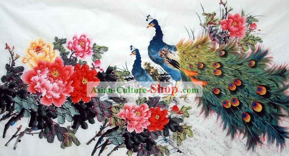 Pintura Tradicional Chinesa - Peacock e China National Flower Peony