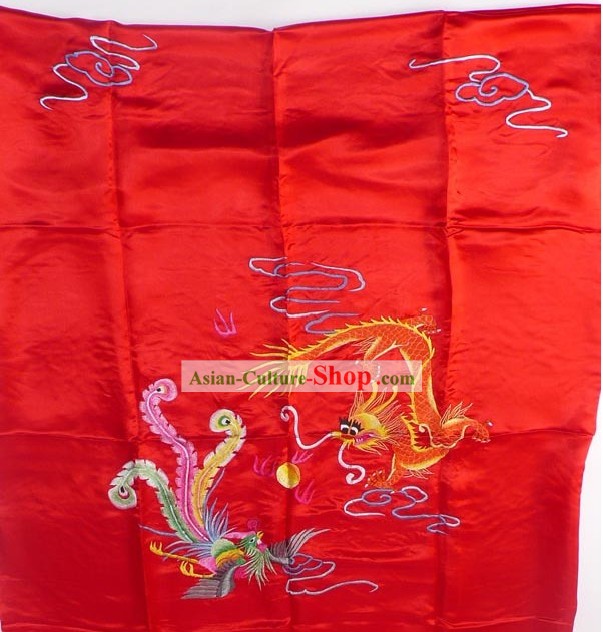 Clásico chino suerte bordado a mano de seda roja Colcha - Dragon y Phoenix