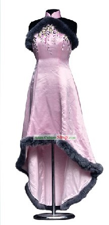 Традиционные Мандарин ручной работы и вышитые шелковые и Лисий Мех Полный платье