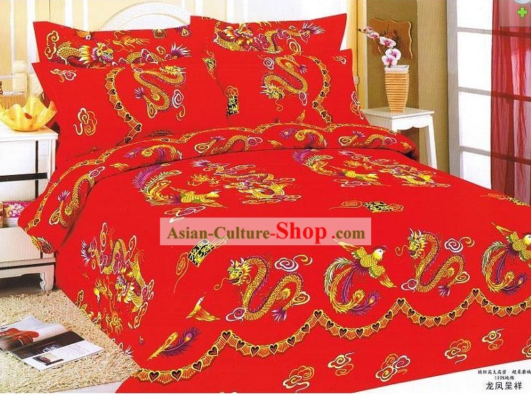Chinoise de mariage Magnifique coton Bed Sheet Set (quatre pièces) - Dragons