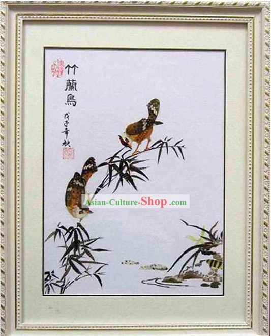 ハンドメイドリアルバタフライウィング絵画 - 竹と鳥
