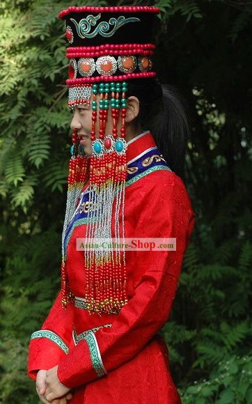 Chinese Classical Lucky Red Mongolian Wedding Dress and Hat for Bride