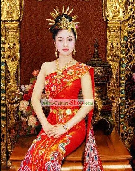Impresionante vestido tradicional Tailandia y Set Cabello decoración completa