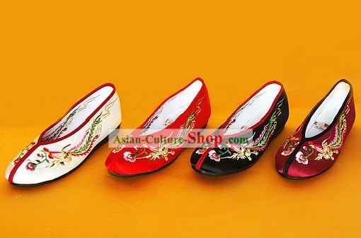 Китайский традиционный ручной работы вышитые атласные Принцесса обувь (двойная феникс)