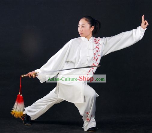 Ciruelo en flor del bordado de Artes Marciales Blanca Tai Chi Chuan uniforme
