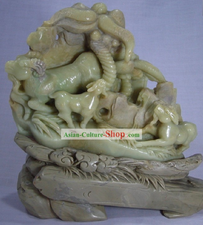Natural Qingtian Jade Three Goats Bring Luck Sculpture
