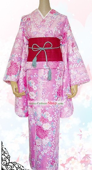Vestido Kimono japonês, Belt, Geta e Handbag Conjunto Completo