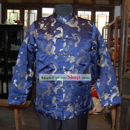 Классический китайский мандарин ручной работы шелковую блузку для мужчин с драконами фона