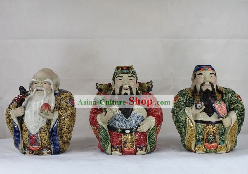 Chinese Fu Lu Shou Three Starts Shiwan Ceramics Pottery