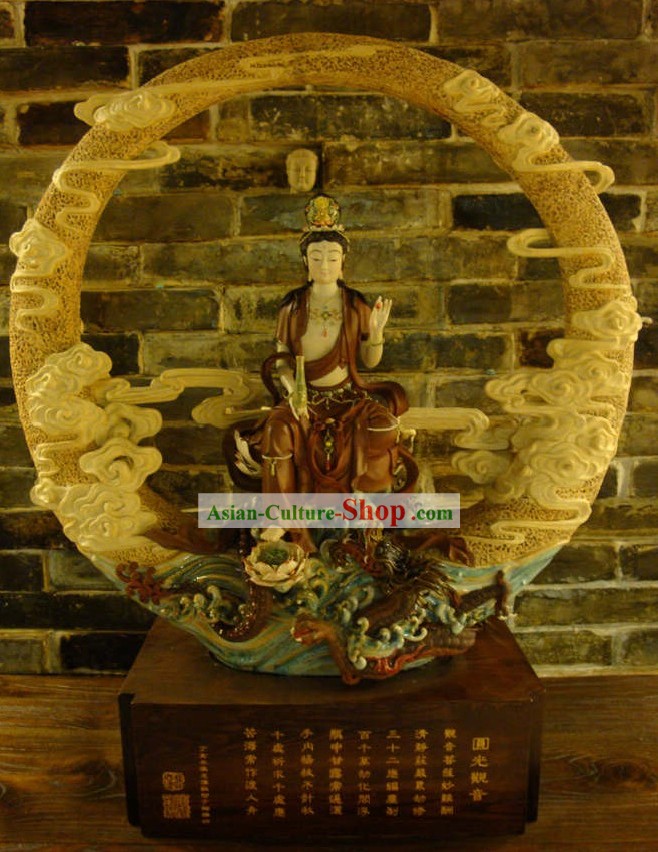 Guan Yin and Moon Shiwan Ceramic Figurine