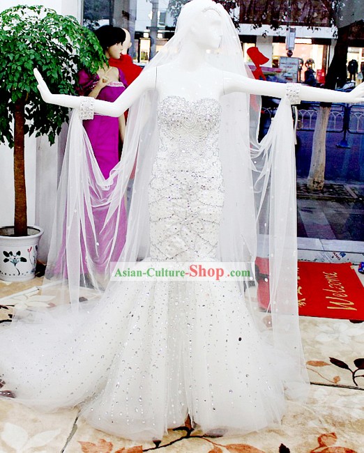 Romantic White Wedding Dress Bride Veil Complete Set for Brides