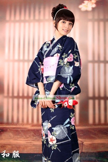 Японский Morning Glory юката кимоно Оби пояса и Джета Сандал Шесть пьес Комплект для женщин