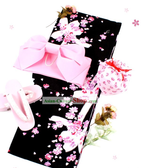 Giapponese classico Yukata Kimono Obi Belt e Geta Sandal Sei Parti set completo per le donne