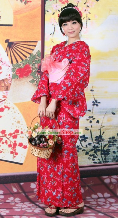 Japanische Rote Yutaka Kimono Obi Gürtel Geta Sandal Komplett-Set für Damen