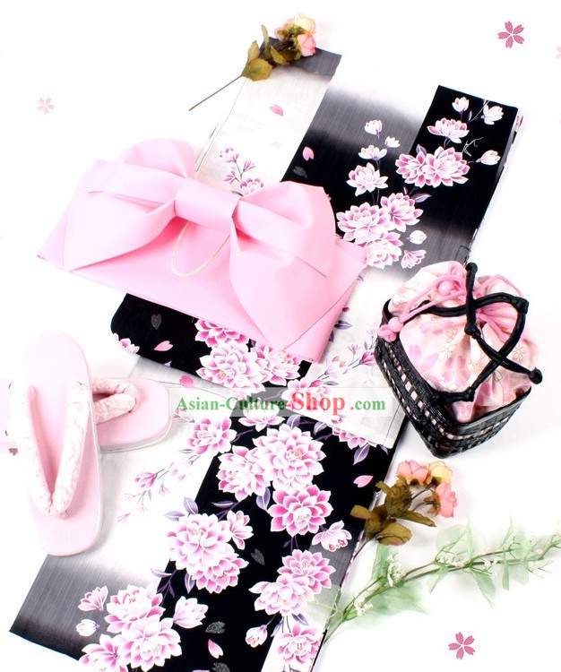 Traditionelle japanische Yutaka Kimono Obi und Geta Sandal Komplett-Set für Damen