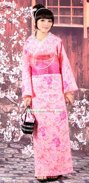 Traditionelle japanische Rosa Yutaka Kimono Obi und Geta Sandal Komplett-Set für Damen