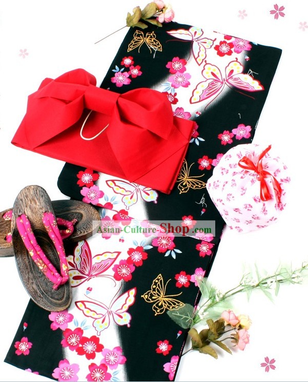 Traditionelle japanische Schmetterling Yutaka Kimono Obi und Geta Sandal Komplett-Set für Damen
